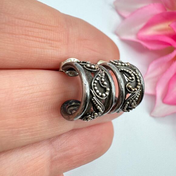 Vintage Silver Bali Style Scroll Beaded Wide Huggie Hoop Earrings Patina 4.08 G - Picture 3 of 15